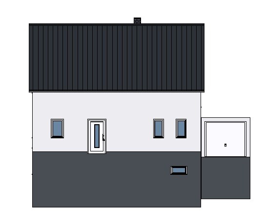 Zweistöckiges Haus mit dunklem Dach, grauer Fassade, Eingangstür, Fenster und Garage.