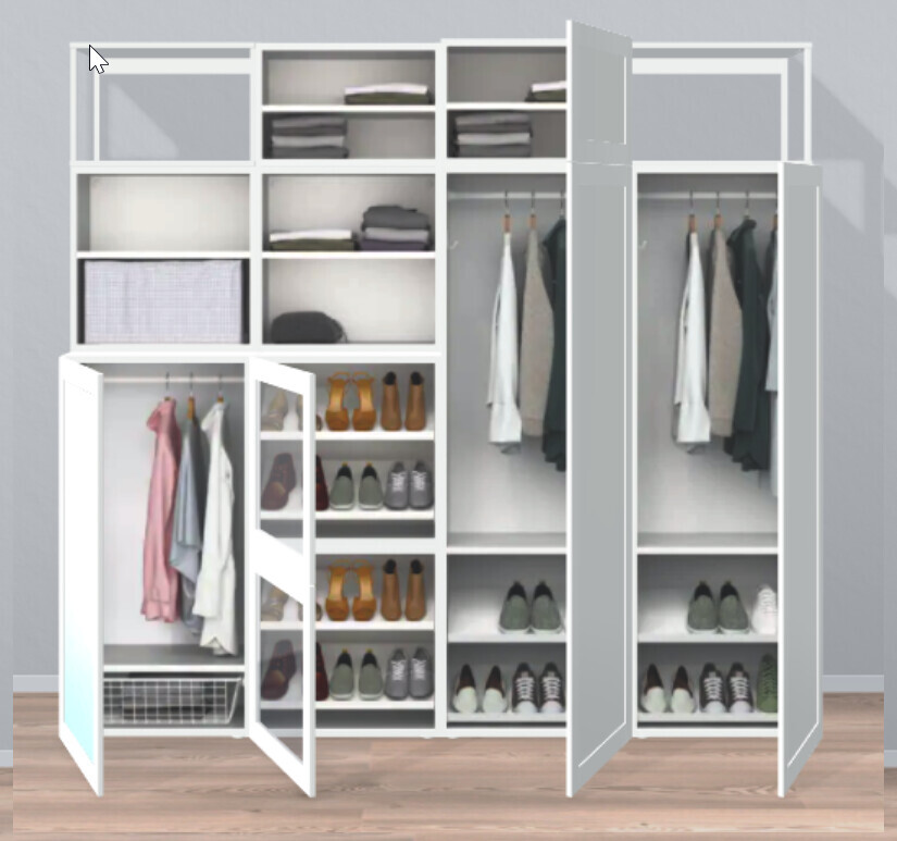 Kleiderschrank mit offenen Fächern, Hängestangen und Schuhregalen in moderner Einbaulösung.