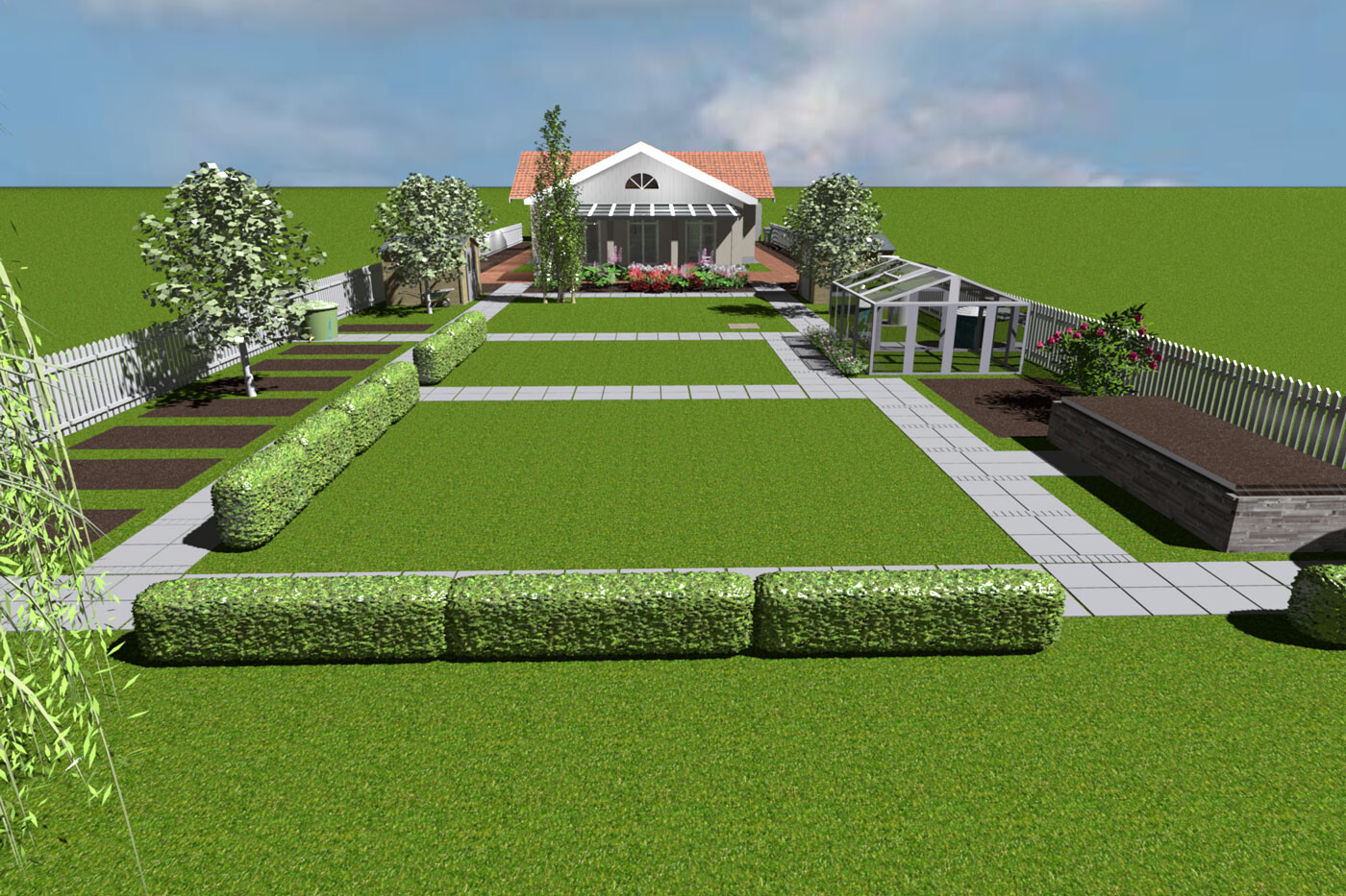Gartenanlage mit gepflasterten Wegen, Hecken, Bäumchen, Gewächshaus und Gartenhaus im Hintergrund.