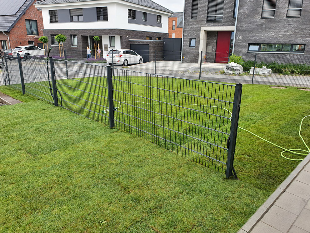 Grüner Rasen hinter grauem Metallgitterzaun, Häuser im Hintergrund, Gartenschlauch am Boden