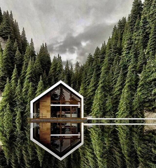 Moderne pentagonale Holzhütte mit Glasfronten, von dichtem Wald umgeben, über Wasser gebaut.