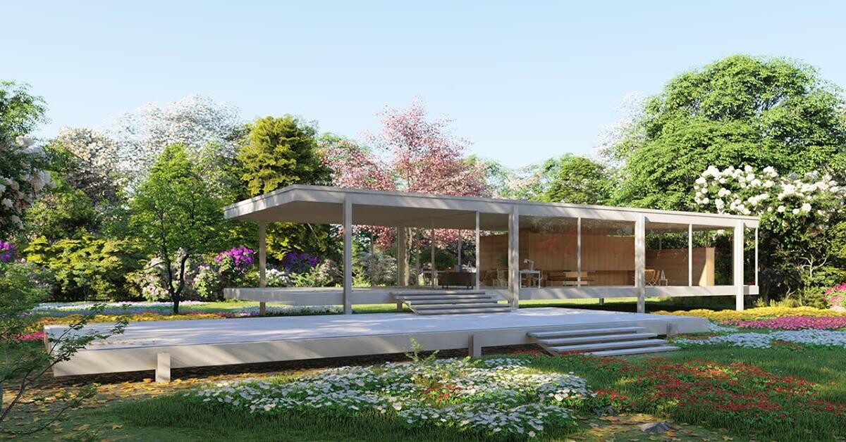 Moderne gläserne Gartenlaube auf Holzdeck, von Bäumen und Blumen umgeben.