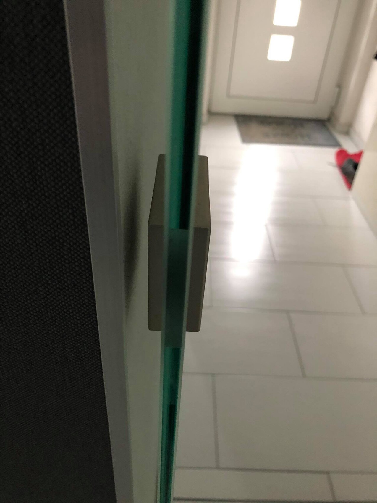 Nahaufnahme einer Glastür mit Metallgriff, Blick auf einen fliesenbedeckten Flur