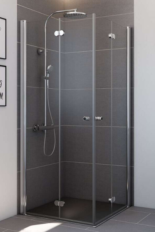 Moderne Glasdusche im Badezimmer mit grauen Fliesen und Metallrahmen