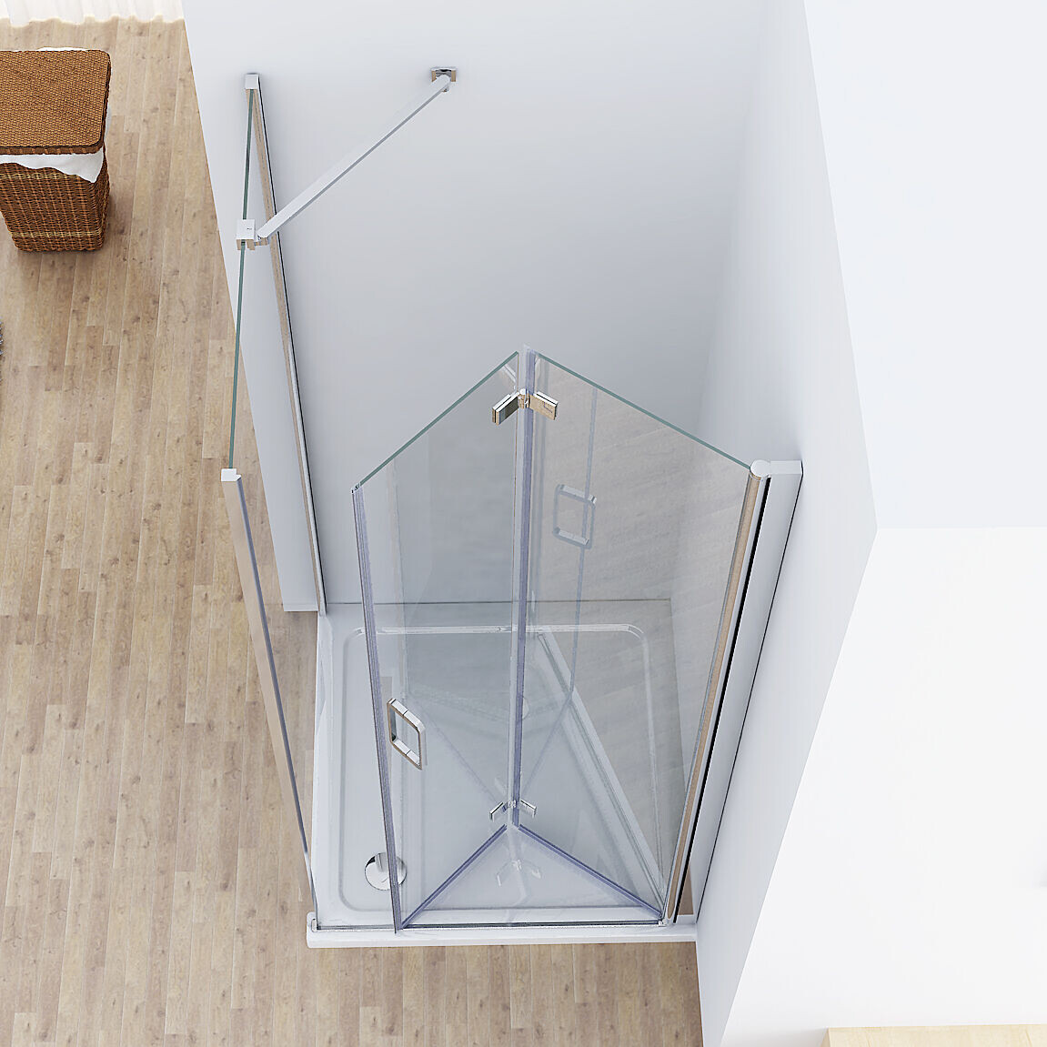 Moderne Glasdusche mit Tür und Metallbeschlägen, von oben im Badezimmer betrachtet.
