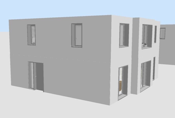 Graues modernes zweistöckiges Wohngebäude mit großen Fenstern und Türen – 3D-Render.