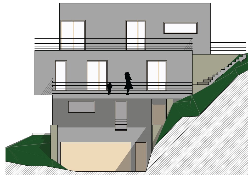 Dreidimensionale graue Hausfront mit Balkonen, Geländer und Treppe am Hang