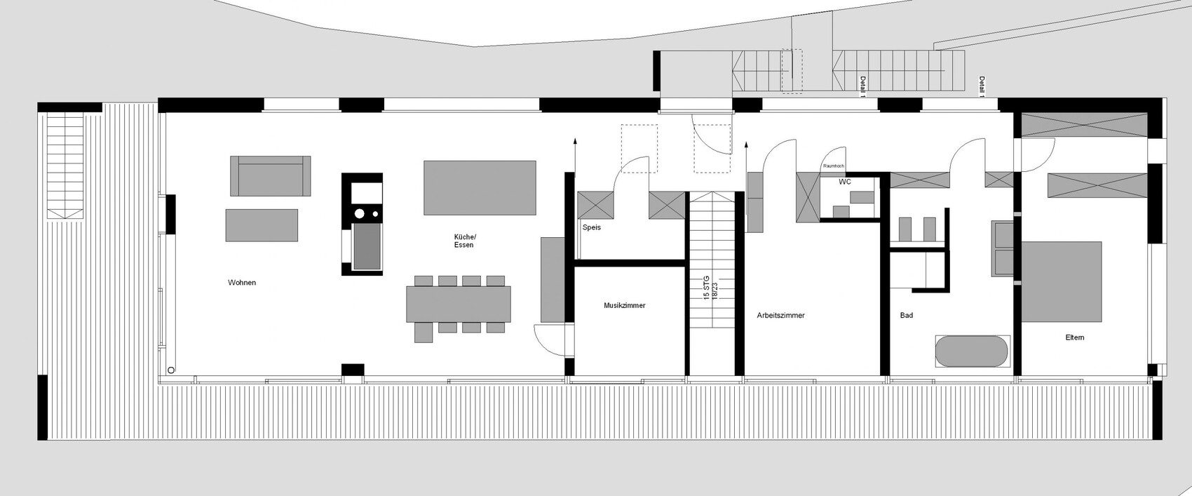 Grundriss eines Hauses mit Wohnen, Küche/Essen, Speis, Musikzimmer, Arbeitszimmer, Bad, Elternzimmer.