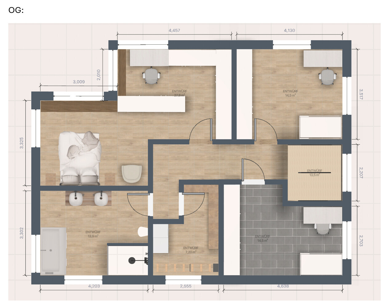 OG Grundriss der oberen Etage mit Schlafzimmer, Küche, Arbeitszimmer, Bad, Fluren und Möbeln.