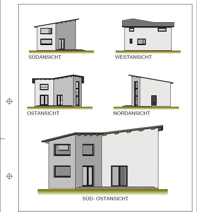 Moderne Hausansichten: Sued-, West-, Ost- und Nordansicht eines Gebaeudes.