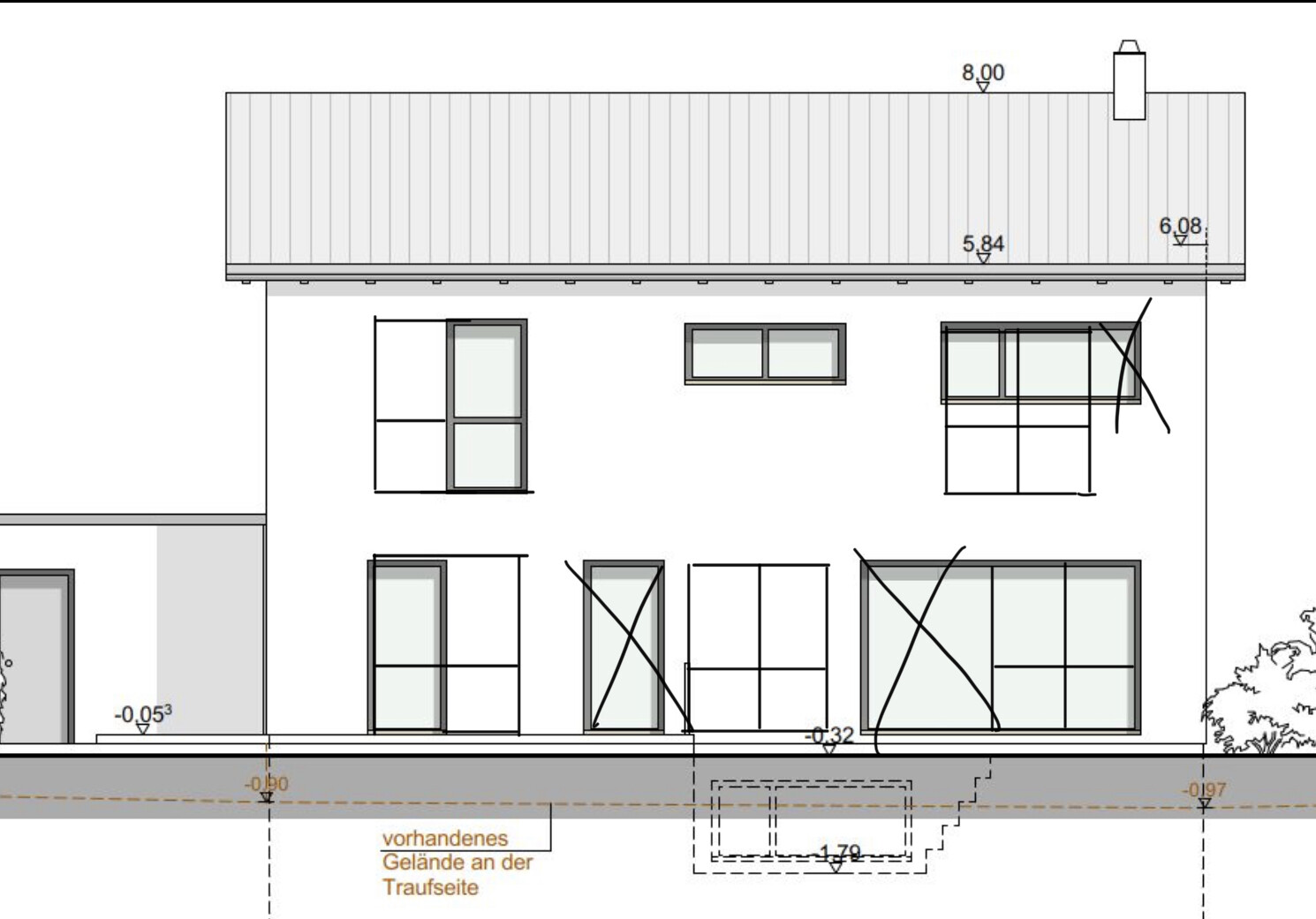 Fassadenansicht eines modernen, zweistöckigen Hauses mit Garage links und mehreren Fenstern