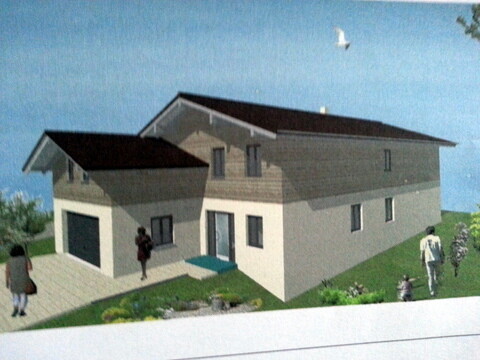 Außenansicht eines modernen 3D-Hauses mit Garage und Garten