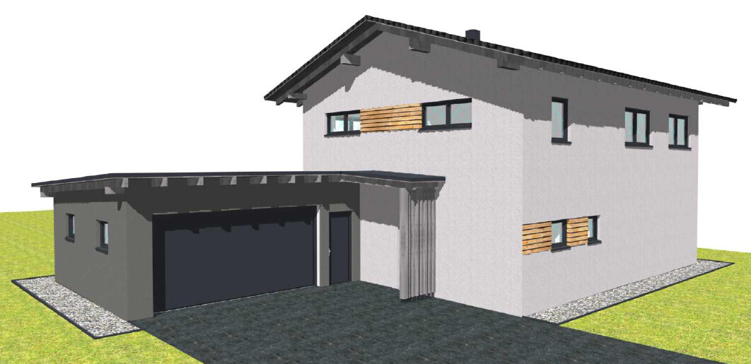 Modernes zweistöckiges Haus mit Garage, dunklem Tor, grauer Fassade und Zufahrt.