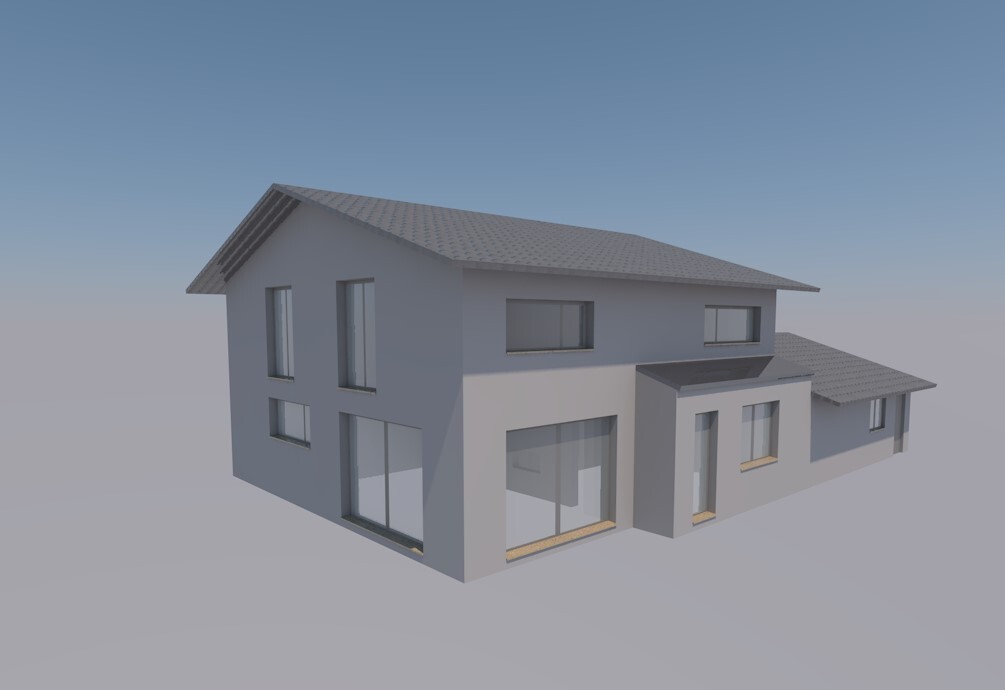 Modernes zweistöckiges Haus mit Anbau, großen Fenstern, grauer Fassade und Satteldach.