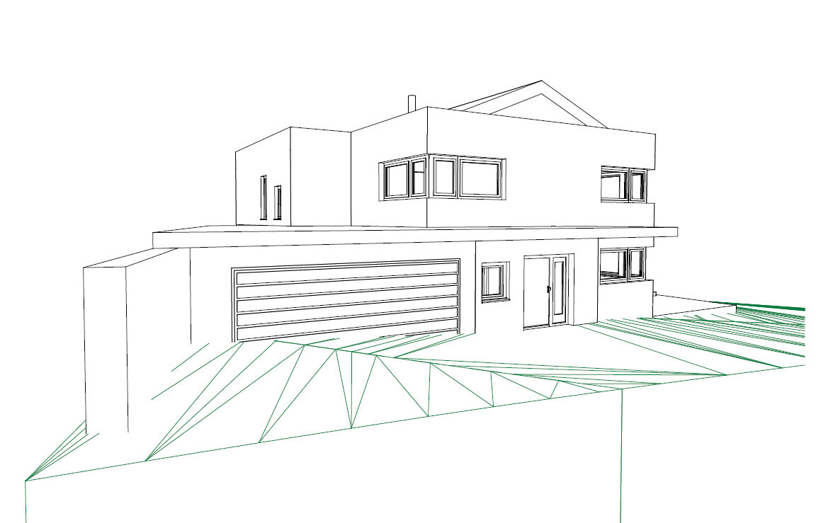 Moderne zweistöckige Haus-Skizze als Drahtlinien-Architekturzeichnung mit Garage und Eingang
