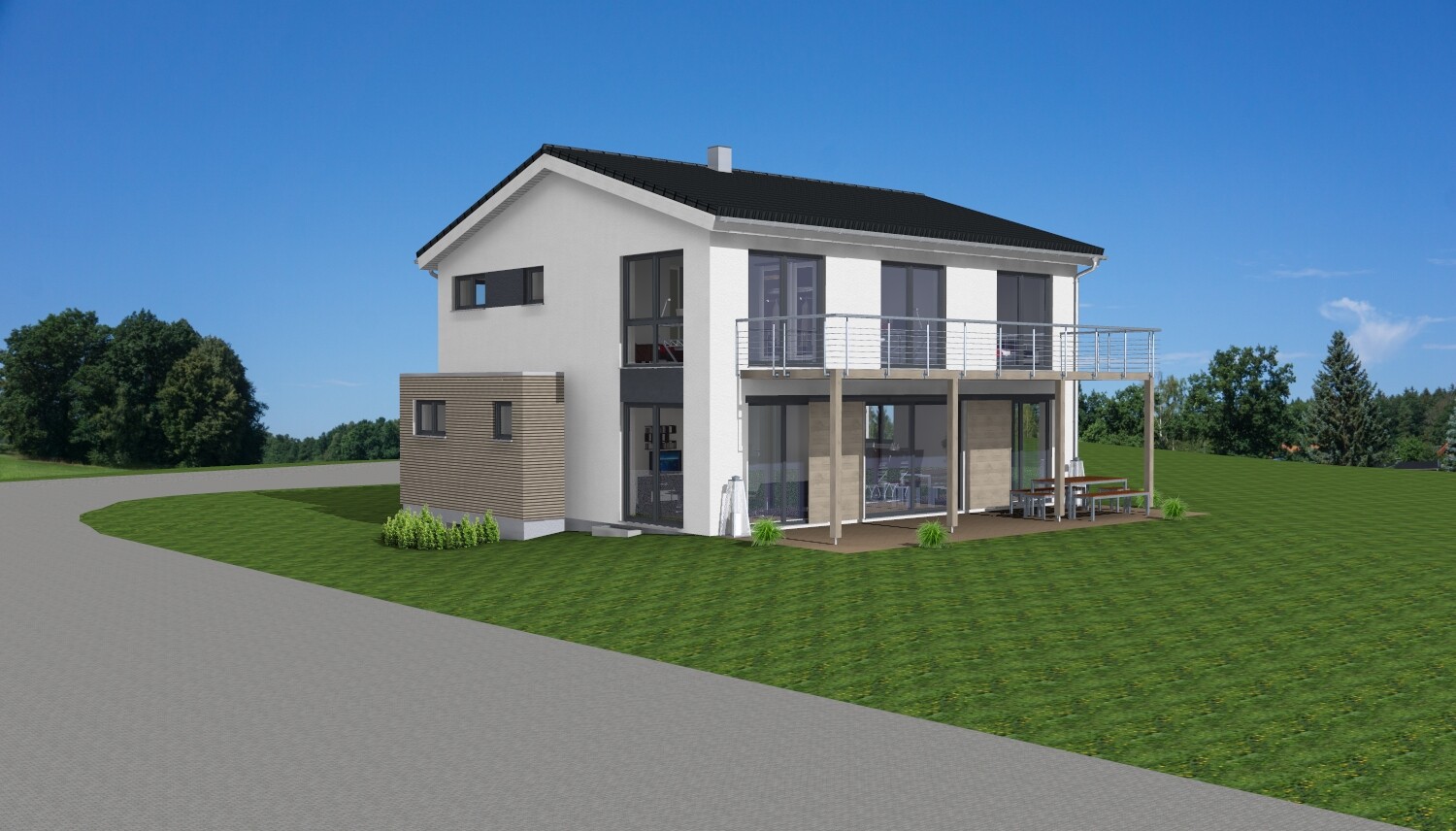 Modernes zweistöckiges Einfamilienhaus mit Balkon, großen Glasfronten und Terrasse auf grünem Rasen.
