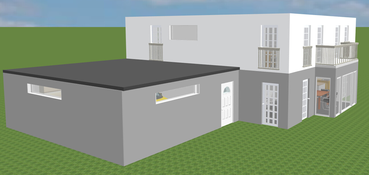 Modernes zweistöckiges Haus mit grauem Anbau, weißen Fassaden, Glasfronten und Balkonen.