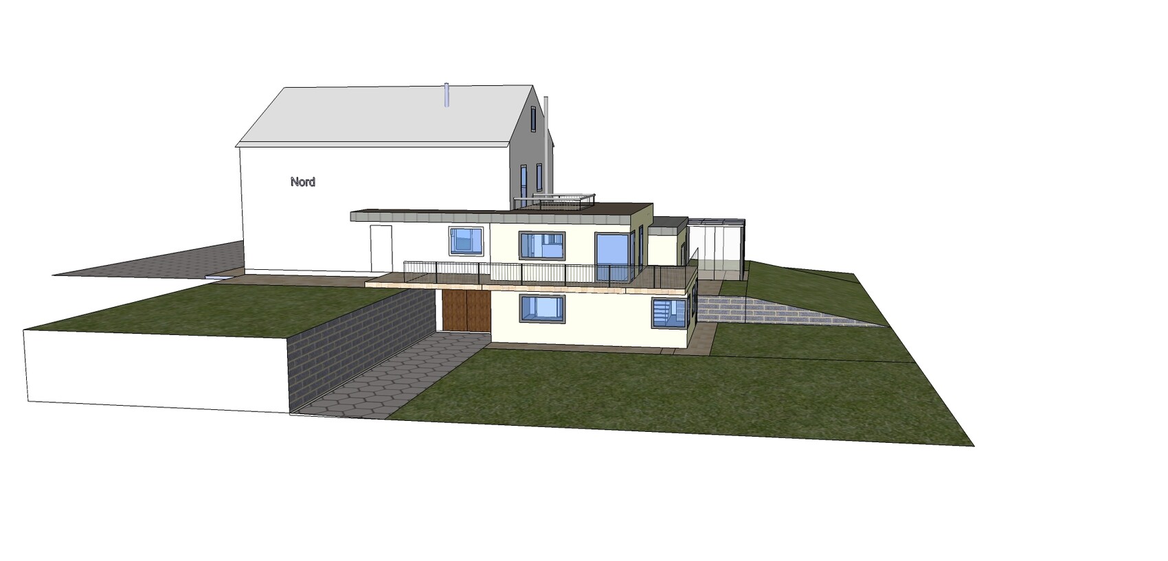 3D-Architekturmodell eines zweistöckigen Hauses mit Terrasse, Balkon und Gartenflächen.