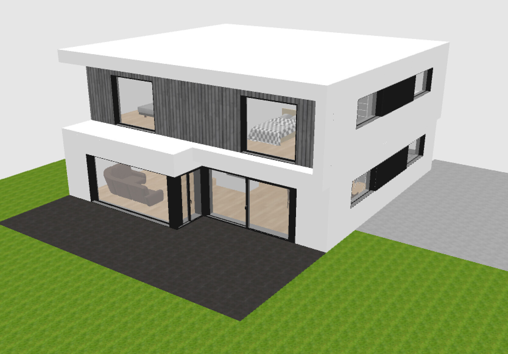 Modernes zweigeschossiges Haus mit großen Glasfronten, Terrasse und Garten.