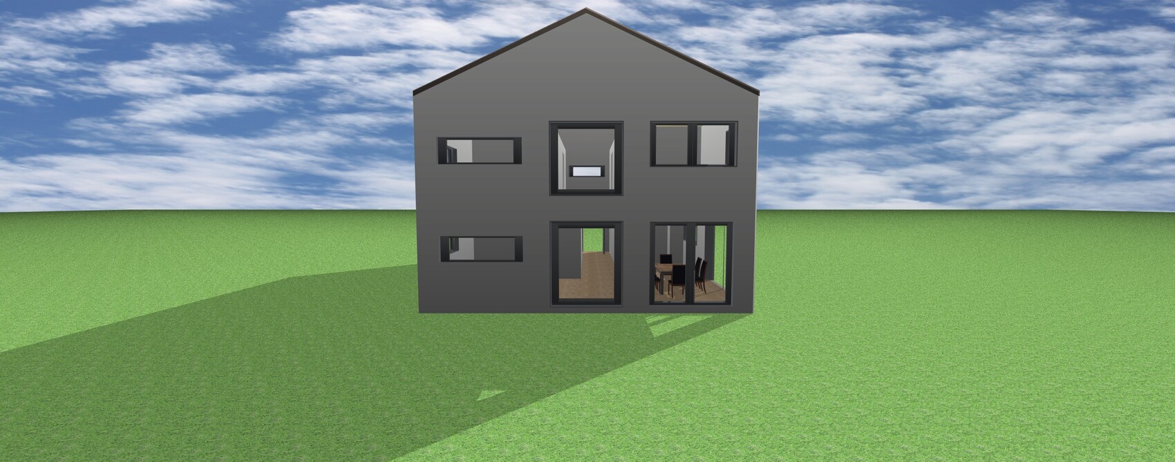 3D-Render eines modernen grauen zweigeschossigen Hauses mit großen Fenstern auf grünem Rasen.