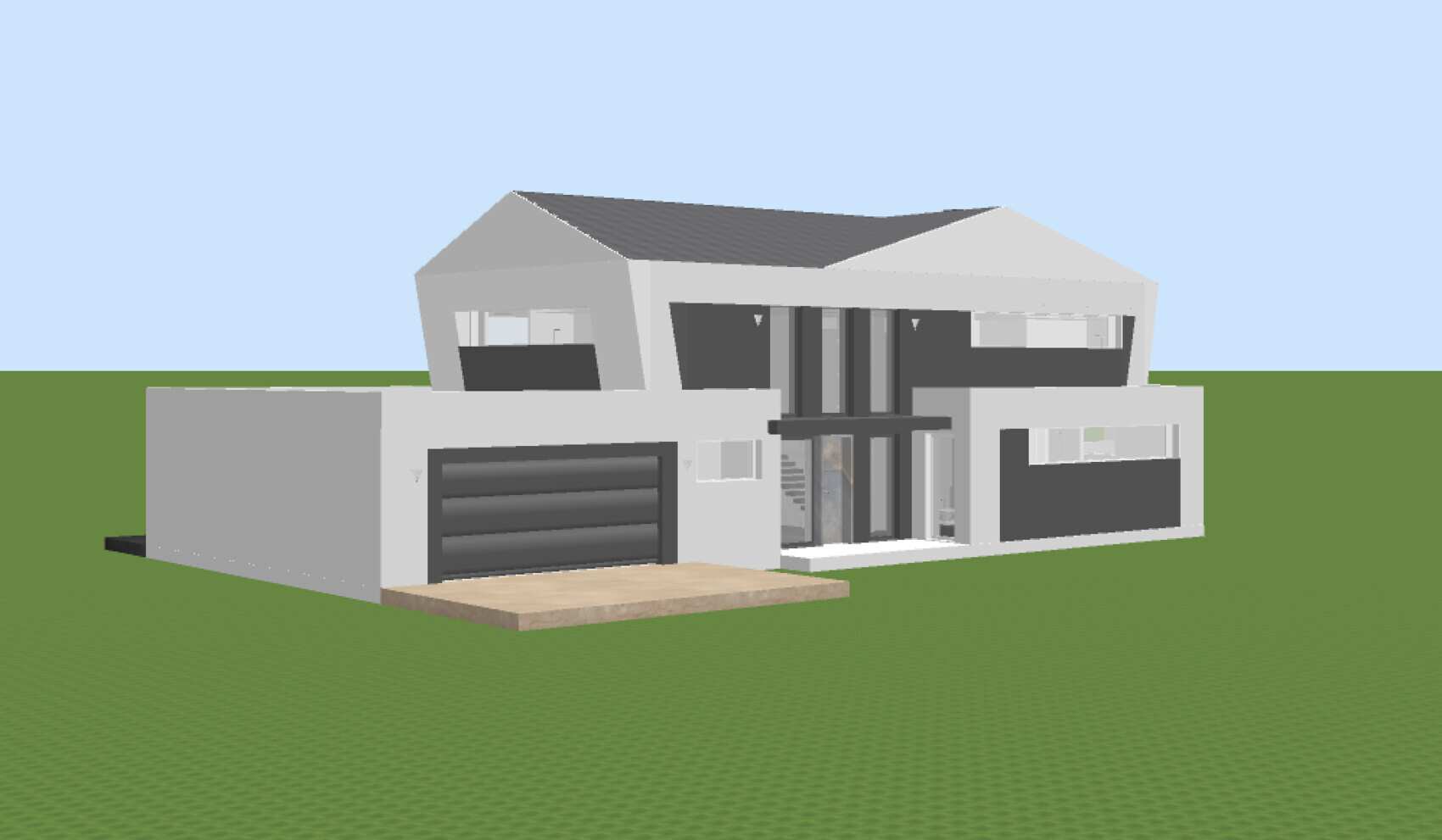 Moderne zweigeschossige Hausarchitektur als 3D-Modell mit Garage vor grünem Grundstück.