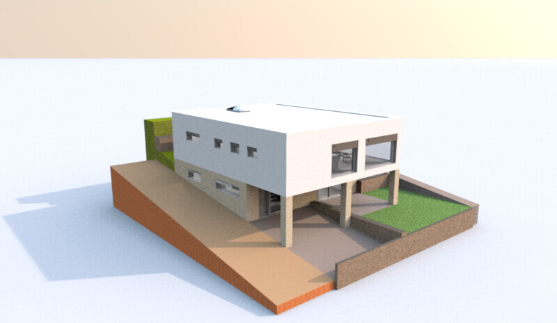 Moderne weiße Kubusvilla auf erhöhtem Sockel mit Carport Rampe und Garten