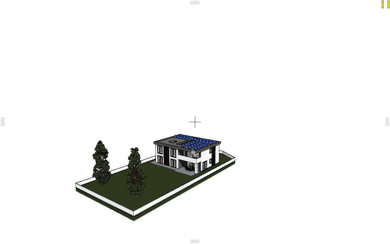 3D-Isometrisches Hausmodell mit Solarpanelen auf dem Dach, umgeben von Garten und Bäumen.