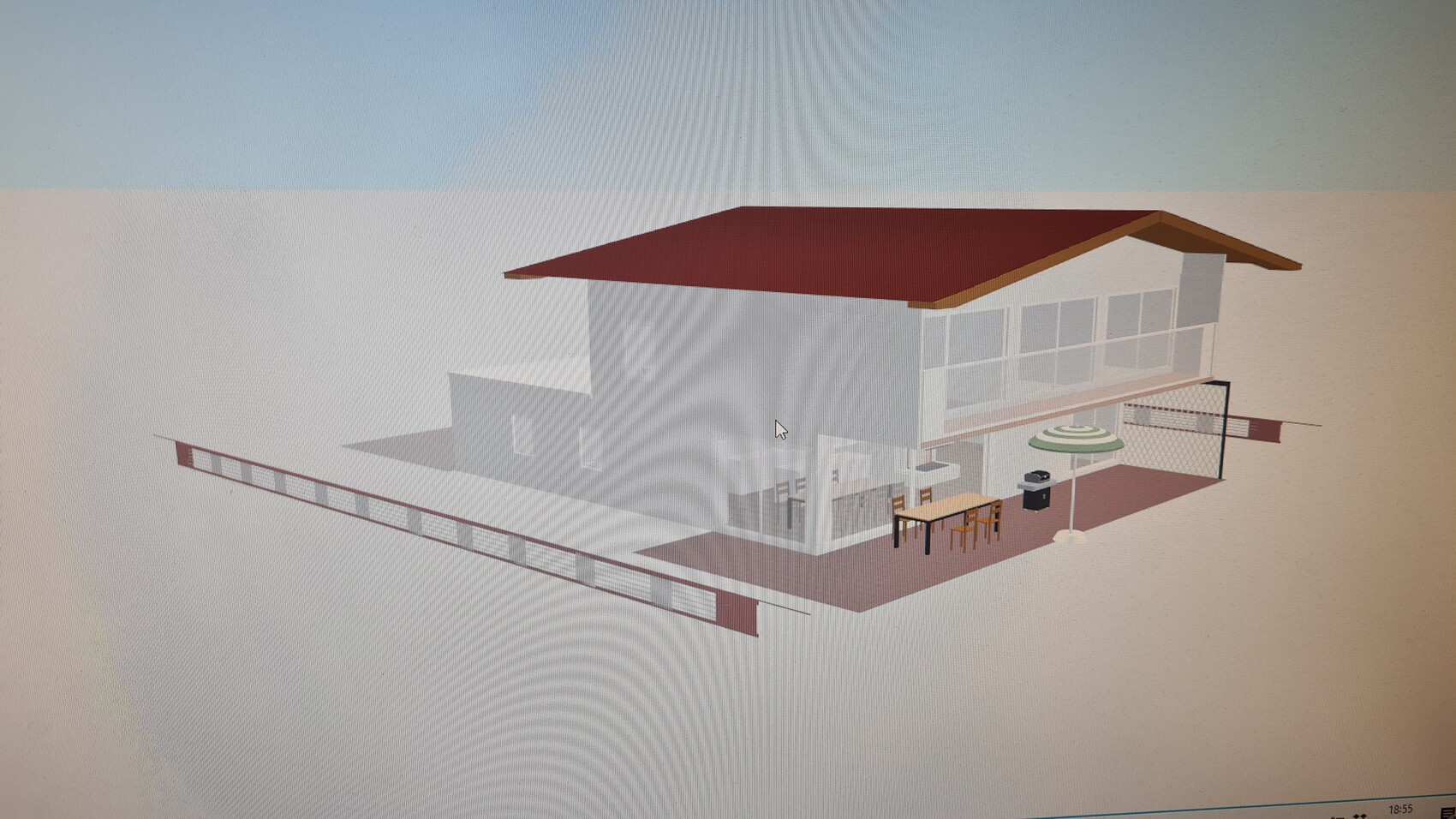 Dreidimensionale Modellansicht eines Hauses mit rotem Dach, Glasfront und Terrasse mit Esstisch.