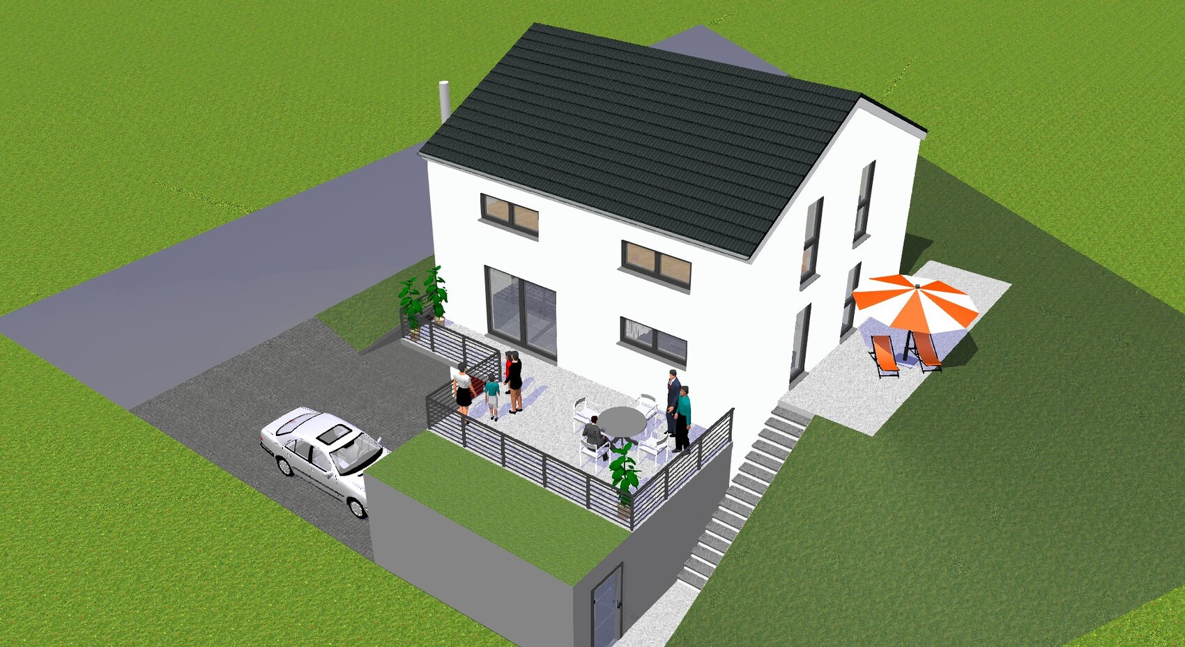Modernes weißes Einfamilienhaus mit Terrasse, Gartenmöbeln, orangenen Sonnenschirm, Auto und Personen.