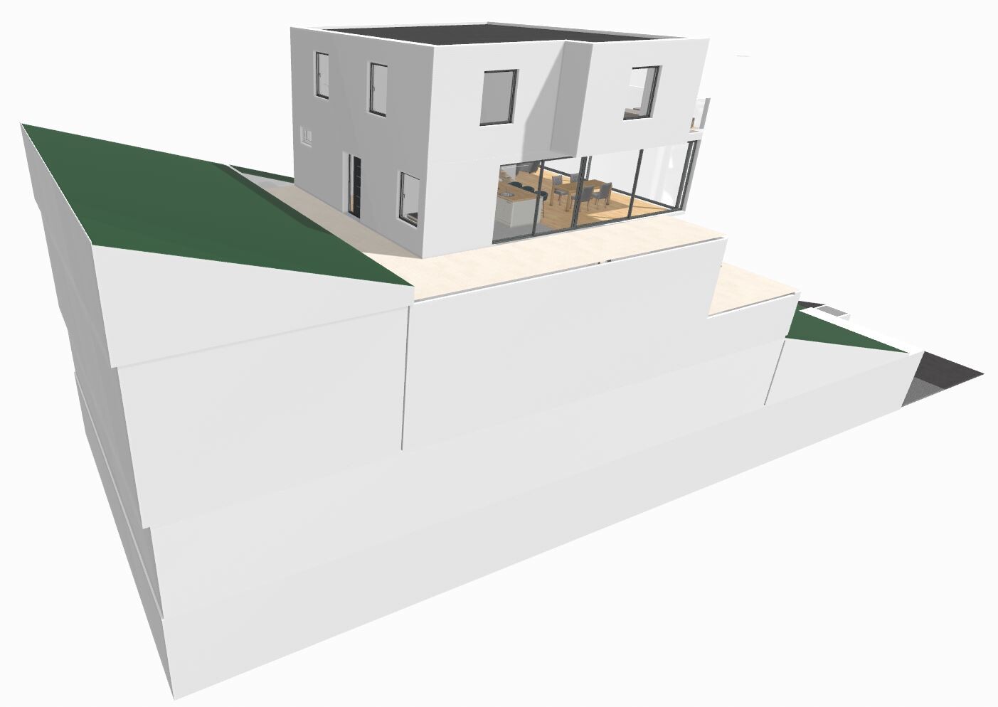 Moderne weiße zweistöckige Villa auf einem Hang mit Glasfront und Terrasse.