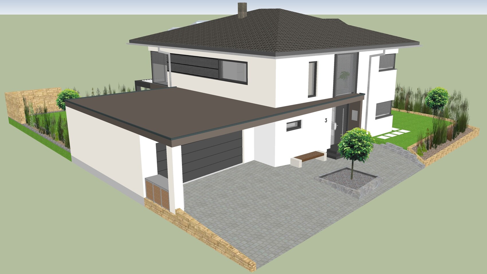 Moderne, zweigeschossige Villa mit Garage, gepflasterter Einfahrt und Garten.