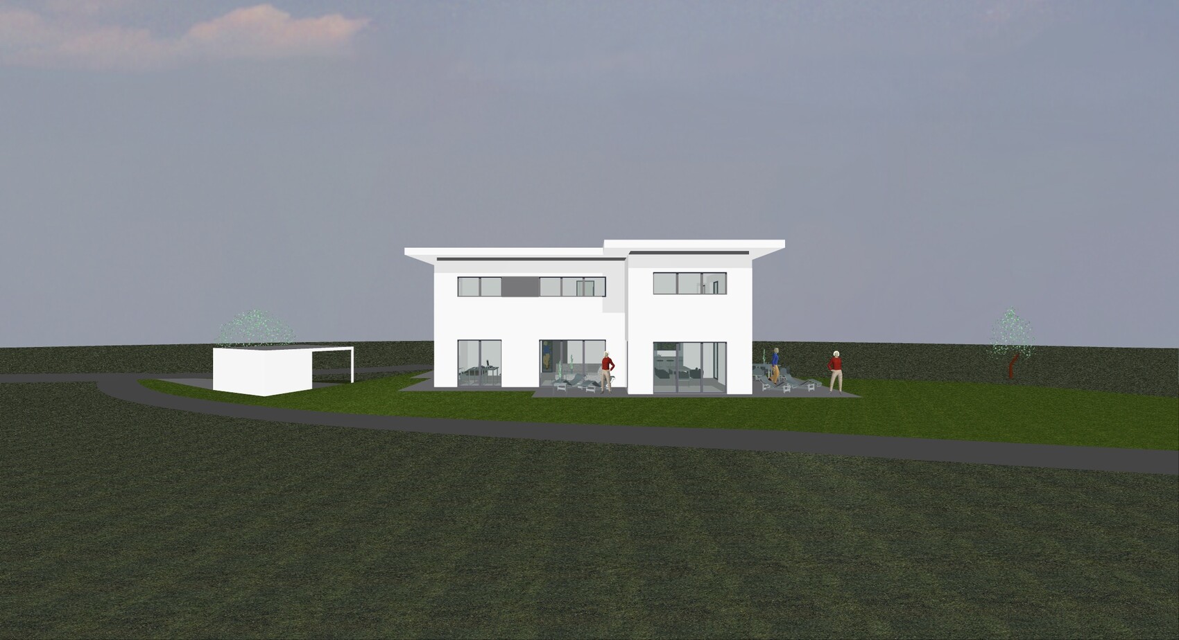 Moderne weiße zweistöckige Villa mit Glasfronten, Terrasse und Garten; Personen draußen.