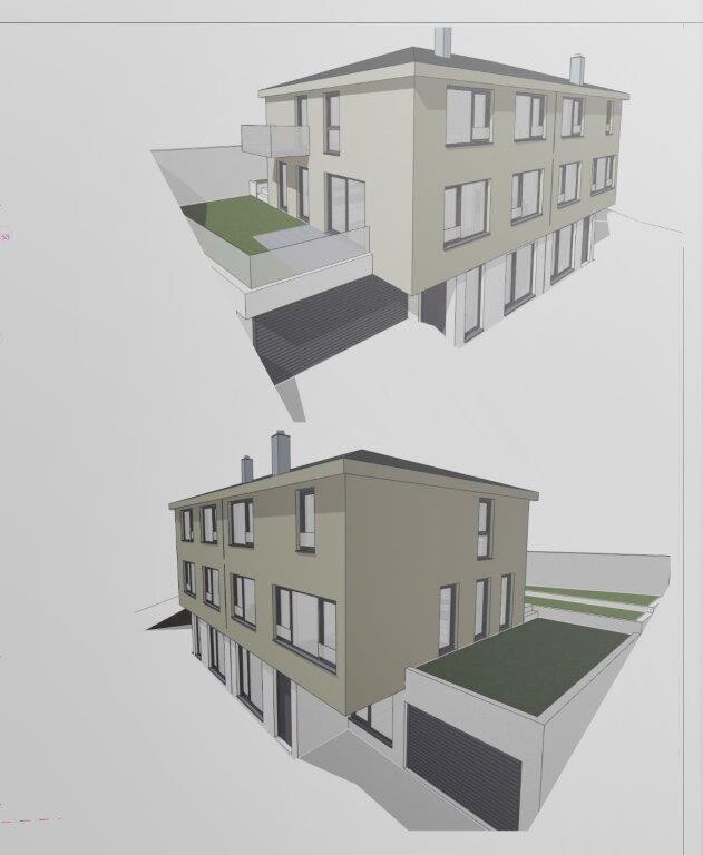 Modernes zweistöckiges Haus mit Garage, Terrasse und Gartenflächen (Rendering)