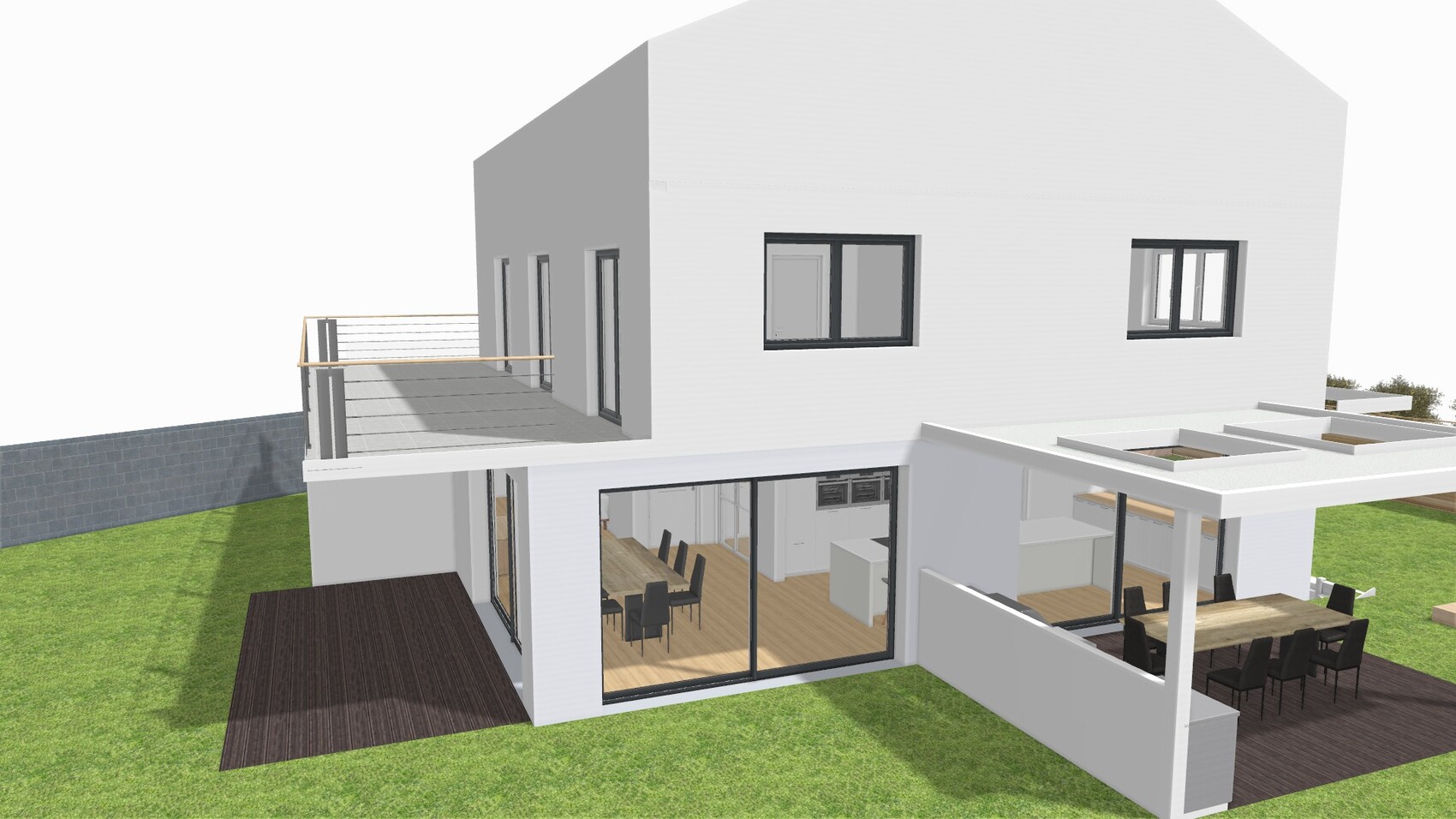 Moderne zweigeschossige Haus-Rendering mit Terrasse, Glas-Schiebetüren und offener Essecke.