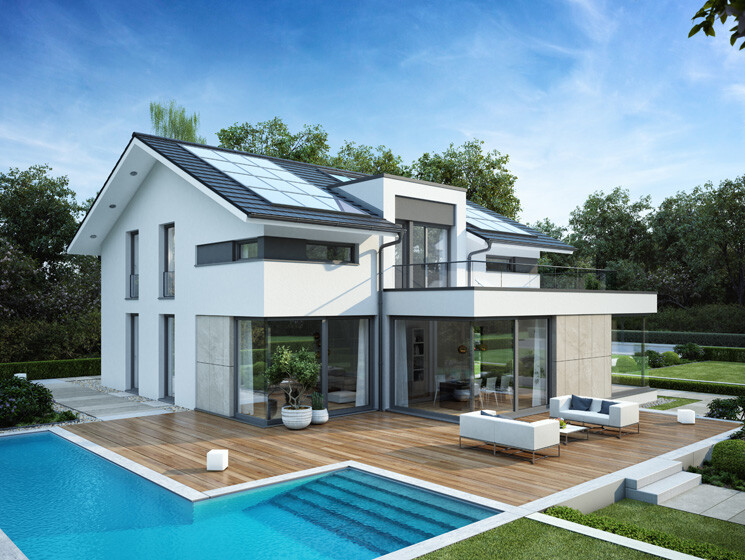 Moderne zweigeschossige Villa mit Holzterrasse, Glasfronten, Pool und Solaranlagen.