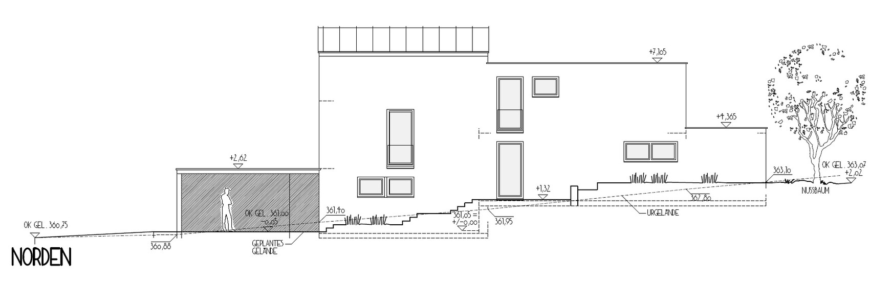 MODERNE Häuserfront mit Garage, Stufen, Fensterfront, Baum rechts, Nordausrichtung.