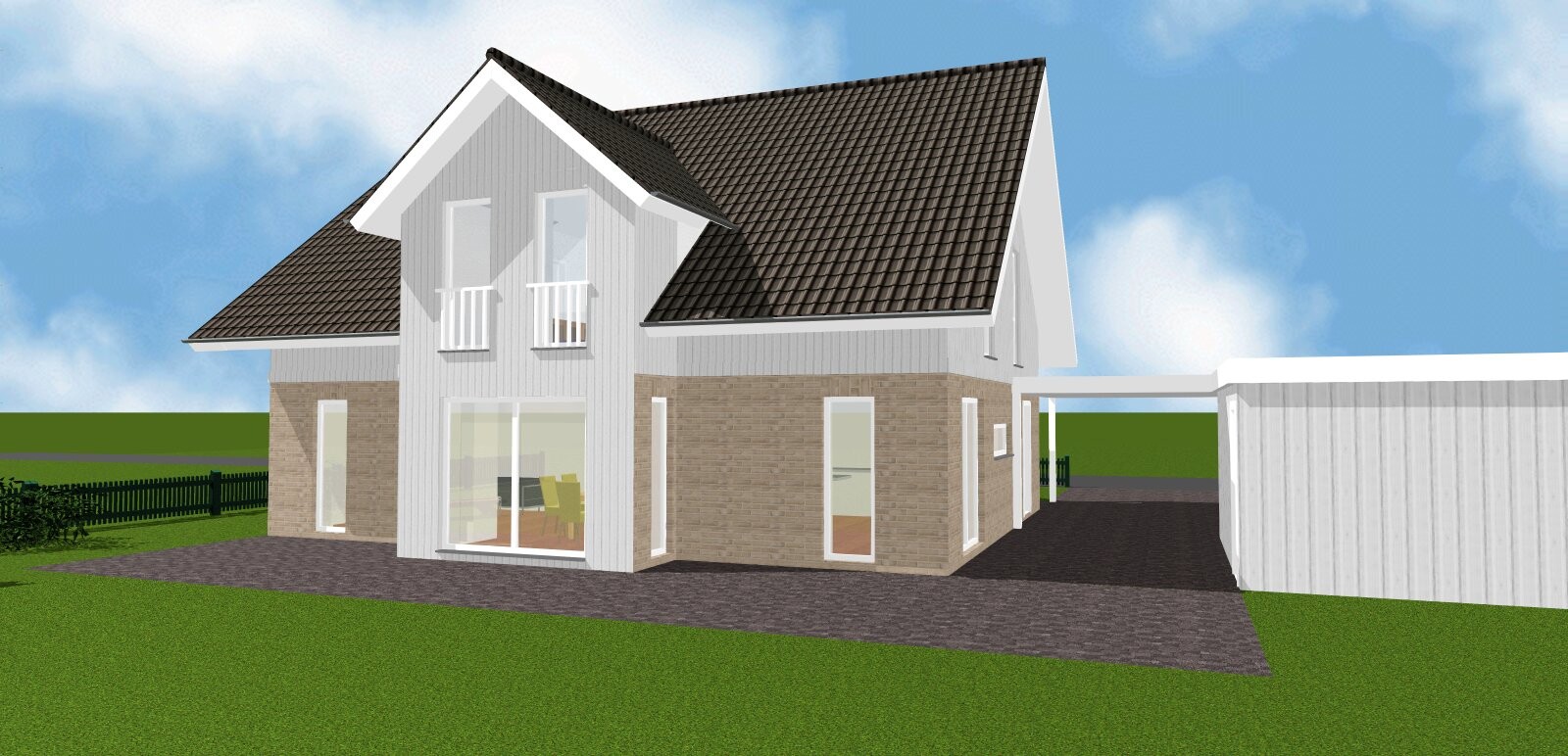 Modernes zweistöckiges Haus mit braunem Ziegel unten, weißer Holzverkleidung oben, Fenster und Carport.