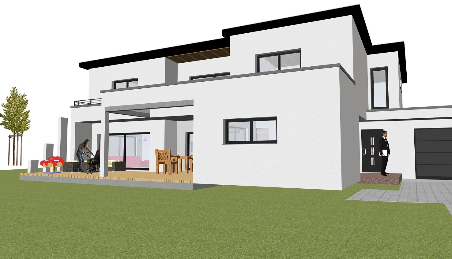 Moderne weiße Villa mit Terrasse, Garten und Personen vor dem Haus.