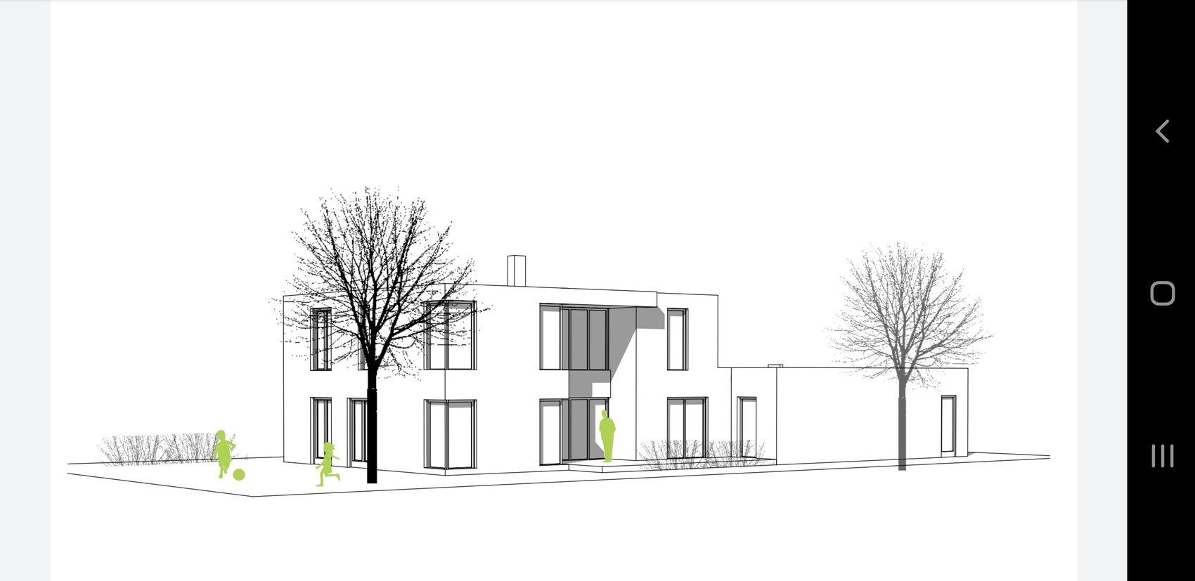 Moderne Architekturskizze eines Hauses mit flachen Dächern, Bäumen und spielenden Personen.