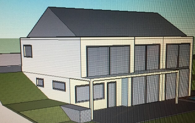 Moderne zweistöckige weiße Villa mit großen Glasfronten und Terrasse