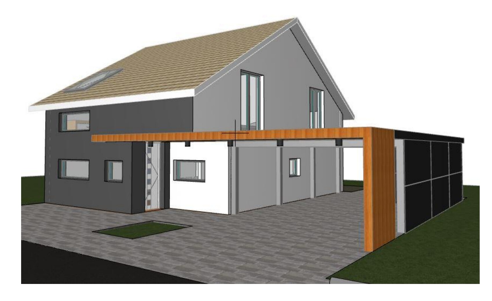 Zweistöckiges modernes Haus mit grauer Fassade, Holz-Carport und großen Fenstern.