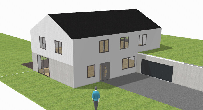 3D-Render eines weißen, zweistöckigen Hauses mit schwarzem Dach, Garage, Zufahrt und Mann davor.