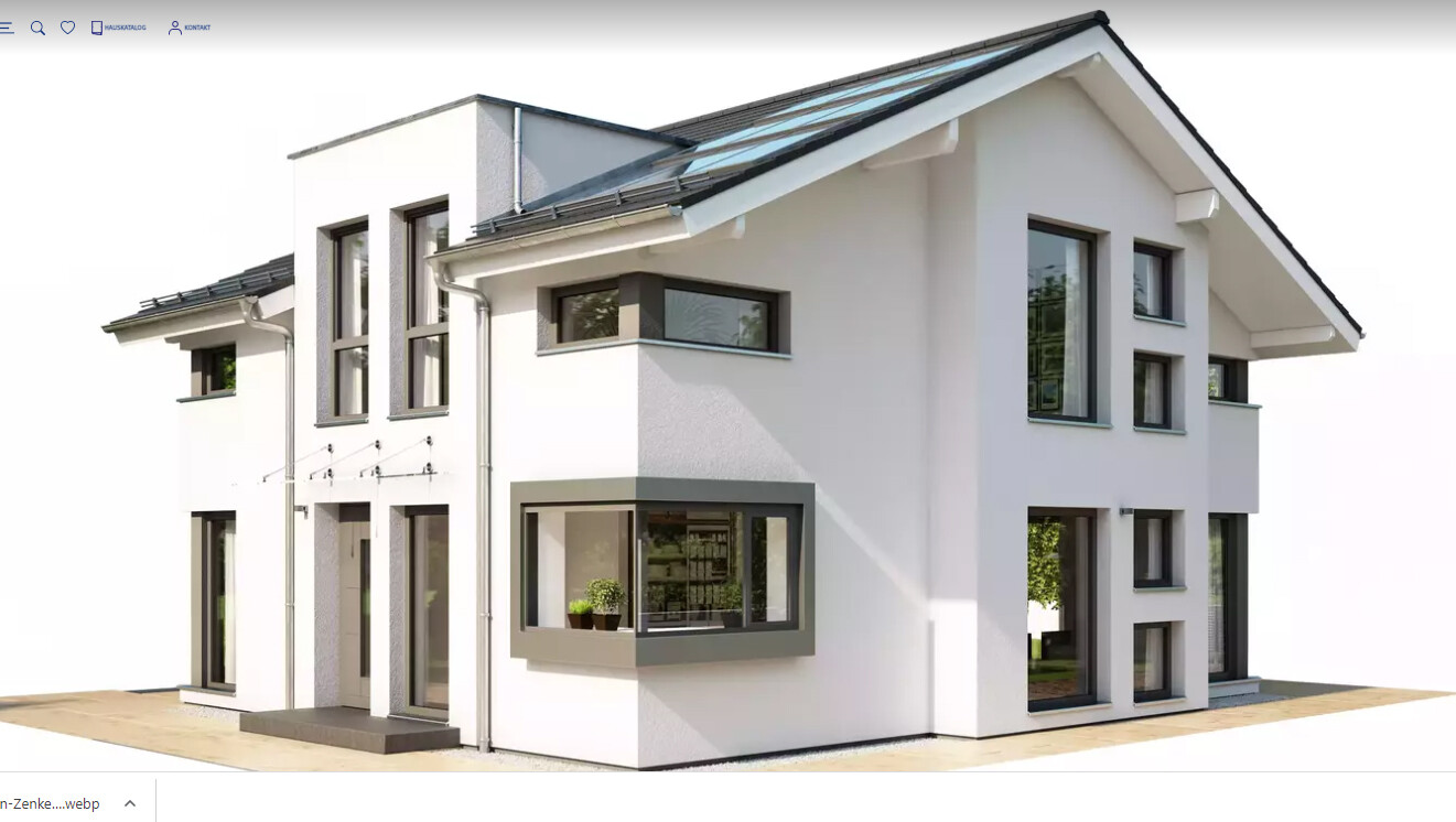 Modernes weißes Haus mit zwei Stockwerken, großen Fenstern und Dachfenstern.