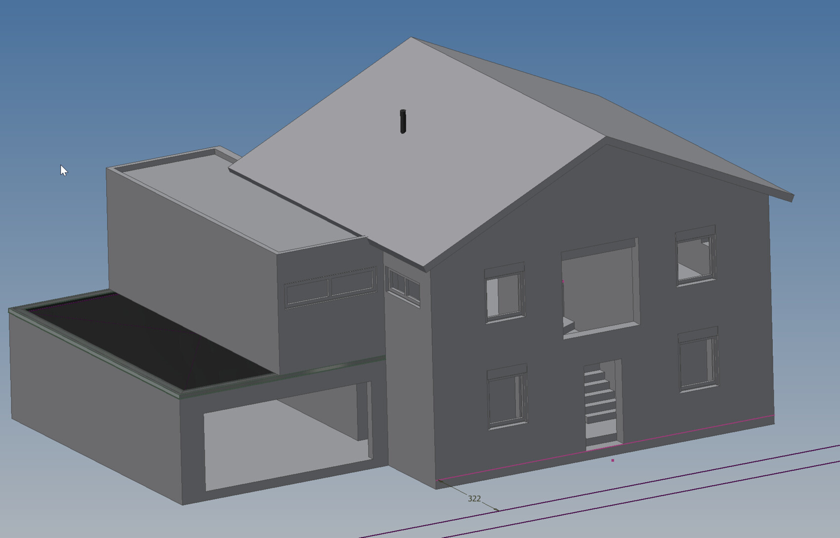 3D-Hausmodell eines zweistöckigen Wohnhauses mit Garage, Fenstern und Eingangstreppe.