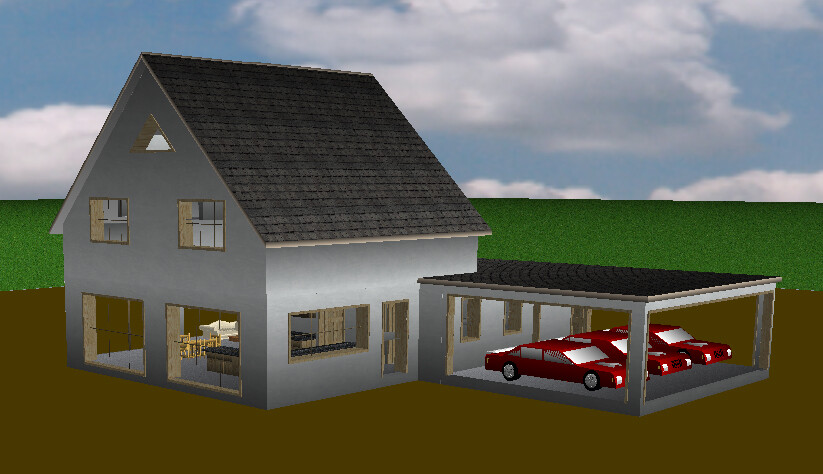 Zweistöckiges Haus mit dunklem Dach, Carport mit zwei roten Autos, grüne Wiese dahinter