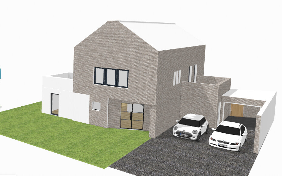 Modernes zweistöckiges Haus aus grauen Ziegeln mit weißem Anbau; zwei Autos stehen auf der Einfahrt.