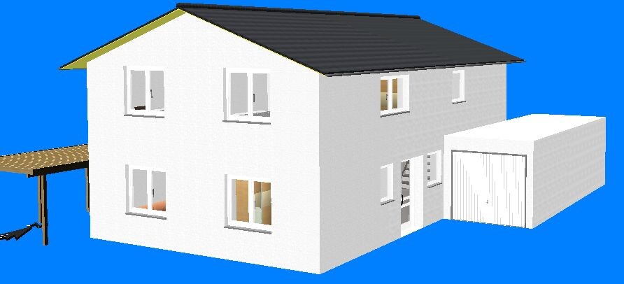 Weißes, zweistöckiges Haus mit Garage, Carport und blauem Hintergrund.