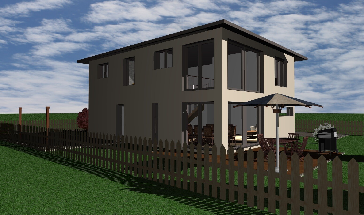 Moderne zweistöckige Hausaussenansicht mit Terrasse, Zaun und Garten im Freien