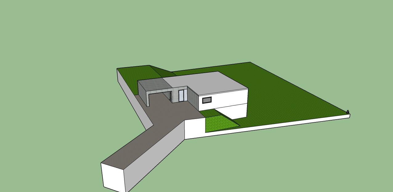 Moderne, flache Einfamilienhaus-Architektur auf gruenem Grundstück mit Zufahrt und Umfriedung.