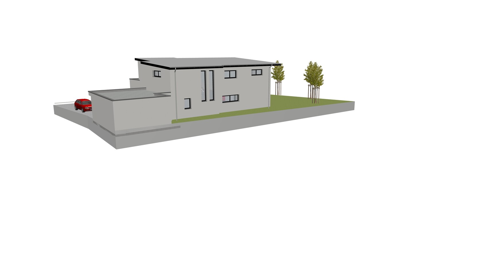 Moderne zweistöckige Villa mit Flachdach, rotem Auto in der Einfahrt, Grünfläche und Bäumen.